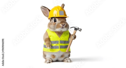 A charming bunny construction worker poses with a tool wearing a hard hat and safety vest