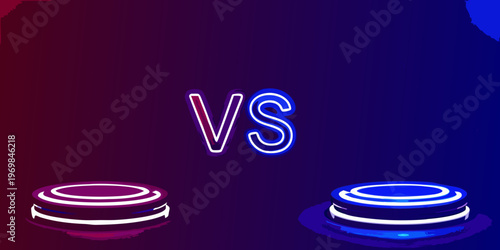 Neon sign displaying vs with two glowing circular platforms below