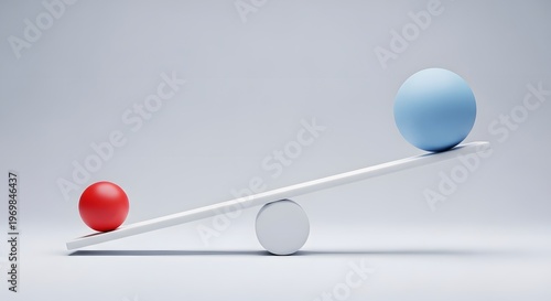 Balancing act a red and blue orb on a see saw illustrates equilibrium and contrast