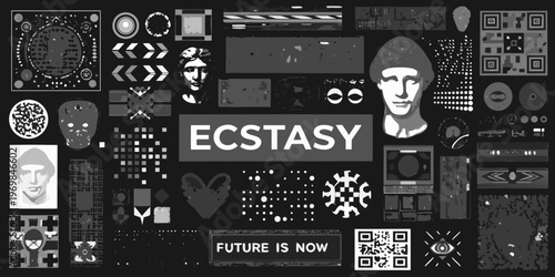 Collage of faces shapes and text with a central ecstasy message