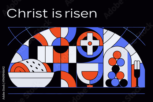 Abstract stained glass illustration with easter symbols and text