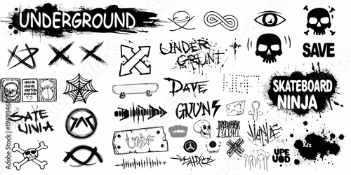 A collection of underground street art and skateboarding themed graphics