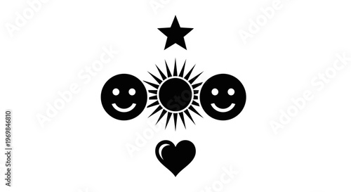 A black and white illustration of smiling faces and symbols.