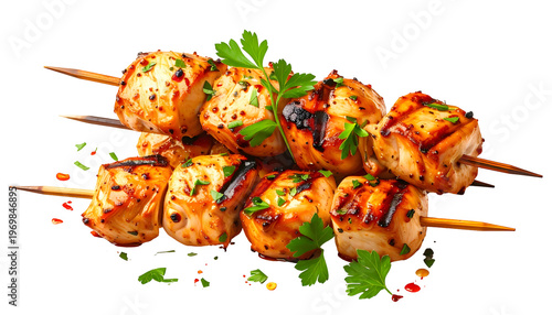 Grilled, skewered chicken pieces with herbs and seasoning, ready for serving
