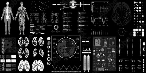 Human anatomy overlaid with complex data visualizations and medical scans