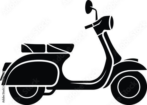 Silhouette illustration of classic scooter or moped with rounded body, seat, wheels, handlebars, and headlight, representing urban mobility, vintage transportation, and iconic design