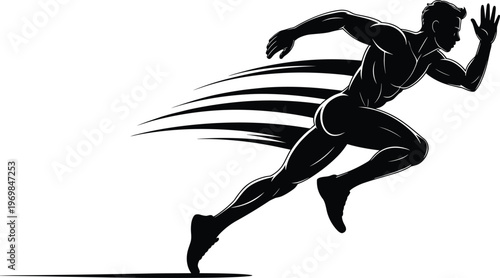Silhouette illustration of sprinter in dynamic running pose with motion lines, symbolizing speed, agility, athletic energy, forward momentum, and competitive sports performance