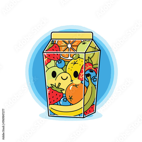 Colorful cartoon fruit juice carton illustration.