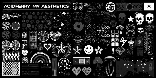 A chaotic collage of black and white aesthetic doodles and symbols