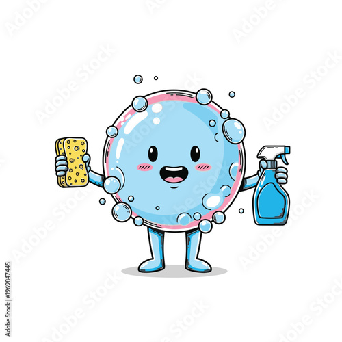 Cartoon soap bubble character cleaning.
