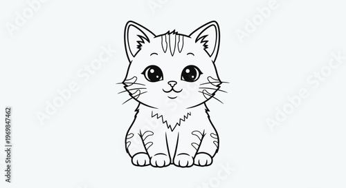 Adorable cartoon kitten line art drawing with big eyes and stripes, sitting facing forward on a white background.
