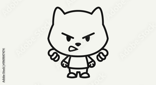 Simple black and white outline drawing of an angry cartoon cat character with a fierce expression and clenched fists.