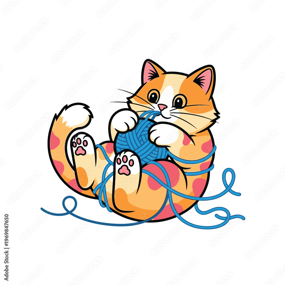 Fototapeta premium Cute orange cat playing with yarn ball.