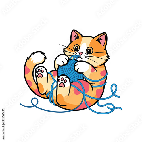 Cute orange cat playing with yarn ball.