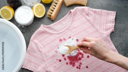 Unrecognizable hand holding a spoon with baking soda and sprinkling it on drops of wine or juice that stain a striped t-shirt in the kitchen. Natural ingredients clothes cleaning. top view