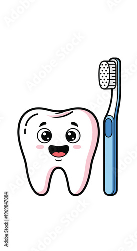 Tooth and toothbrush cartoon smiling.
