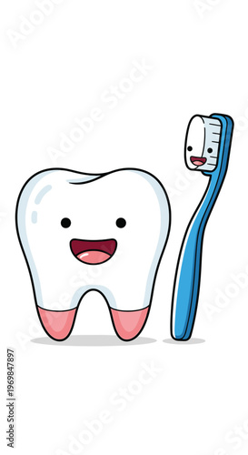 Tooth and toothbrush cartoon characters smiling.