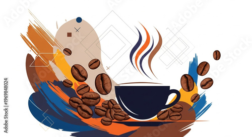 Coffee cup illustration surrounded by coffee beans and expressive brush strokes, combining artistic texture and modern design.