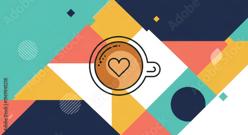 Top view coffee cup with heart-shaped latte art on colorful geometric background, symbolizing warmth and lifestyle.