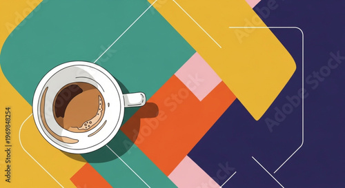 Top view coffee cup placed on diagonal geometric color background with modern abstract layout and clean composition.