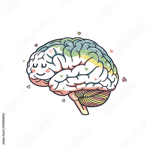 Colorful Brain Illustration with Hearts.
