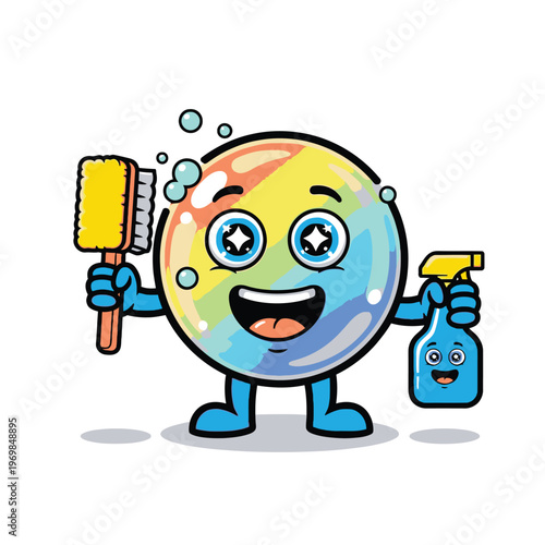Cartoon character with cleaning supplies smiling.
