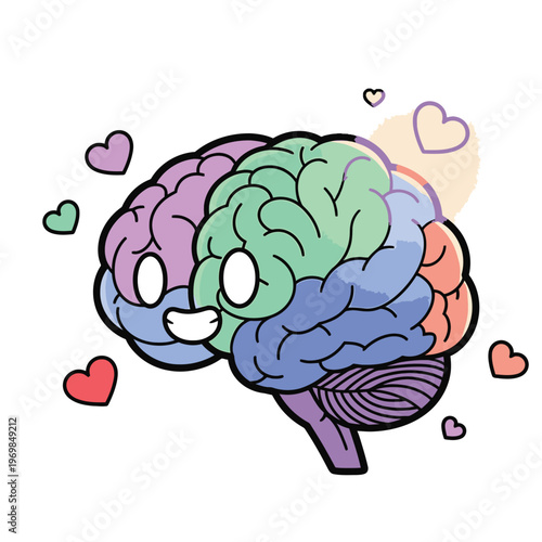 Colorful brain with hearts and happiness.