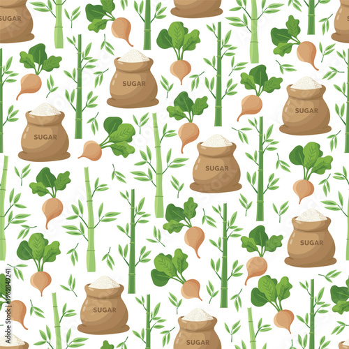 Seamless pattern with sugar bags, sugarcane stems and sugar beet roots, natural sweetener background, organic food concept, flat vector illustration.