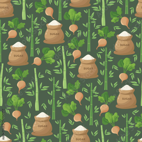 Seamless pattern with sugar bags, sugarcane stems and sugar beet roots, natural sweetener background, organic food concept, flat vector illustration.