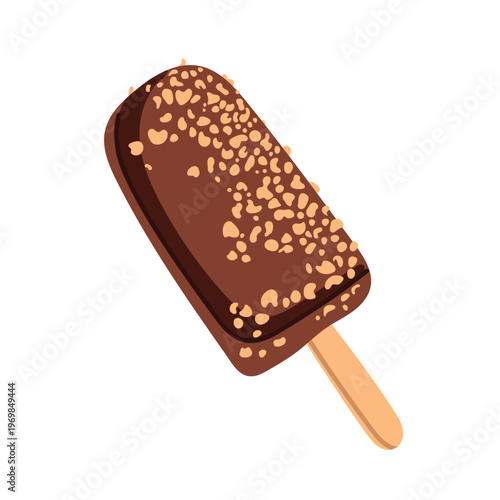 Chocolate ice cream bar with nut glaze on a stick, crispy frozen dessert, sweet summer treat, flat vector illustration isolated on white background.