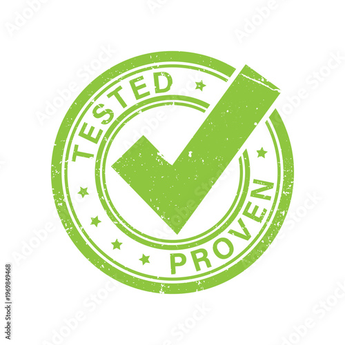 Tested and proven green stamp with check mark for verified product performance and clinical results