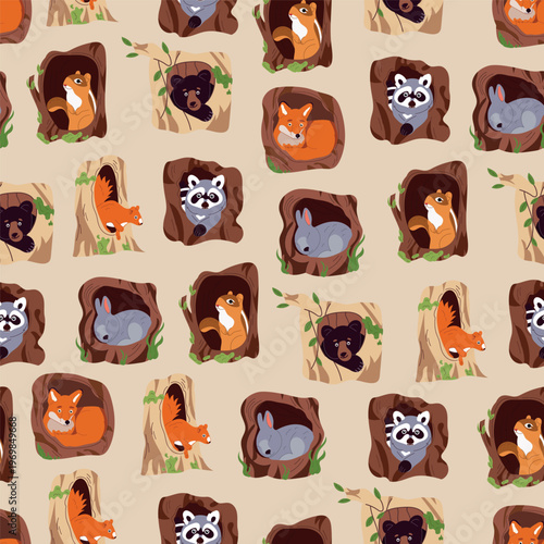 Seamless pattern woodland animals with tree hollows, cute chipmunk rabbit squirrel fox bear raccoon cartoon flat vector background, forest wildlife repeat design
