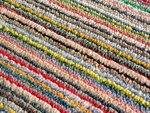 Close Up Of Colorful Woven Carpet Texture With Fine Threads, Macro View Of Multicolor Fabric Fibers Showing Detailed Striped Pattern, 