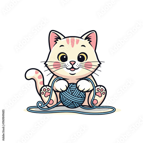 Cute cartoon cat with yarn ball.