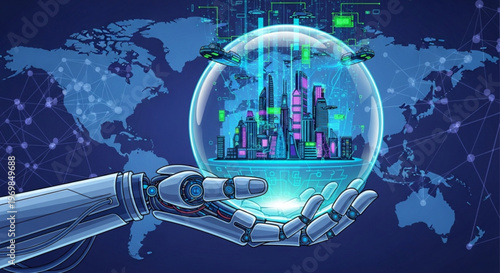 Robot hand holding glowing cityscape globe with futuristic technology and world map background
