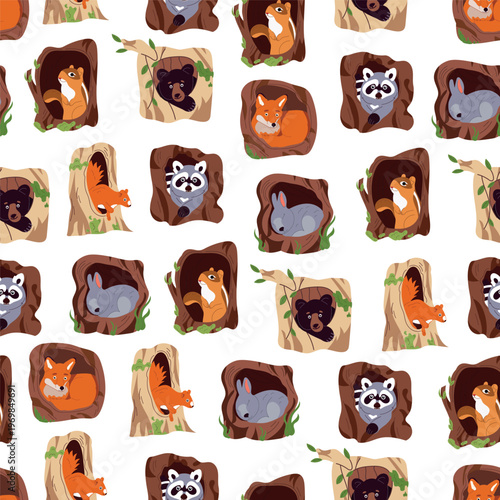Seamless pattern woodland animals with tree hollows, cute chipmunk rabbit squirrel fox bear raccoon cartoon flat vector background, forest wildlife repeat design
