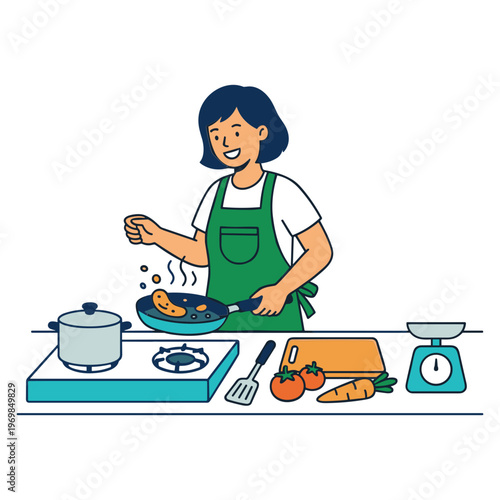 A woman cooks food on a stove wearing an apron indoors.
