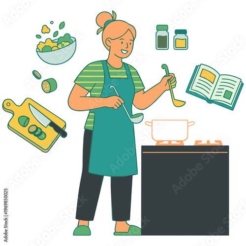 Woman cooking in kitchen with ingredients and recipe book nearby indoors