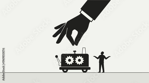 Micromanagement Concept with Giant Hand Adjusting Small Machine Representing Overcontrol Workplace Frustration and Inefficiency Illustration