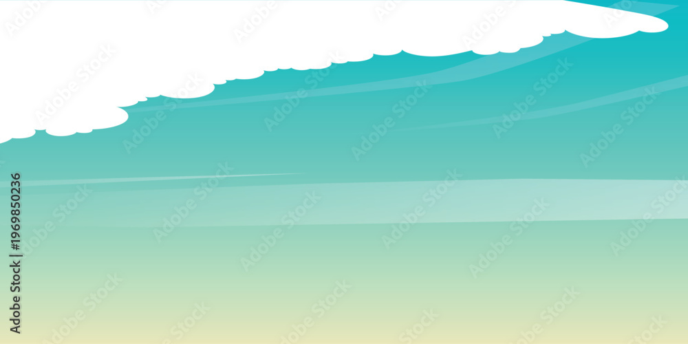 Fototapeta premium Minimalist Abstract Landscape with Soft Teal and Green Gradient Sky, Flat Design with Smooth Horizon and White Cloud Shapes