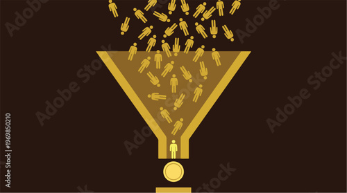 Sales Funnel Conversion Concept with Crowd Entering Funnel and Gold Coin Output Representing Lead Filtering and Revenue Generation Illustration