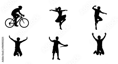 Silhouettes of people in various active poses.
