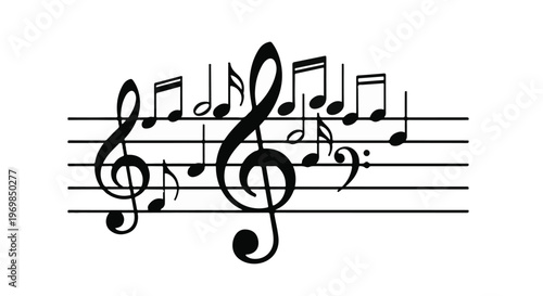 Music notes and treble clef on sheet music composition creative design element for musicians music teachers composers and music schools