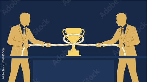 Business Negotiation Concept with Rope Tension Around Trophy Representing Deal Conflict Competition and Strategic Decision Making Illustration