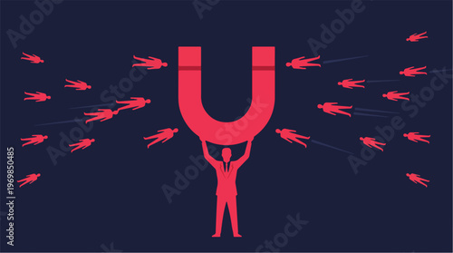 Marketing Attraction Strategy Concept with Magnet Pulling Audience Representing Lead Generation Customer Engagement and Inbound Marketing Illustration