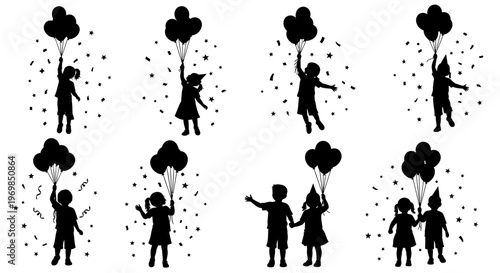 Silhouettes of children with balloons.