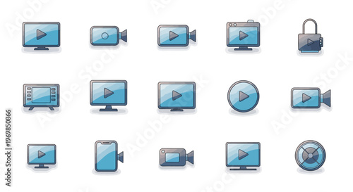 Video icons set. Media player, camcorder, security concept.