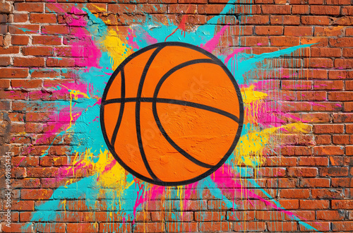 Vibrant Basketball Graffiti Explosion On Brick Wall Featuring Dynamic Paint Splashes And Urban Street Art Energy