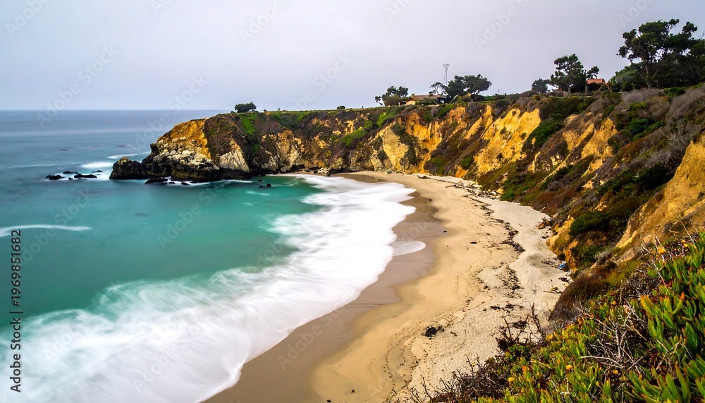 Fototapeta premium Coastal scene shows turquoise water washing against a sandy beach, with a rocky cliff edged with vegetation in view
