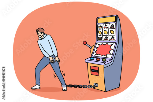 Gambling addiction of man tied with chain to slot machine made guy hostage to casino. Unhappy young human suffers from digital addiction and cannot free himself from passions to excitement